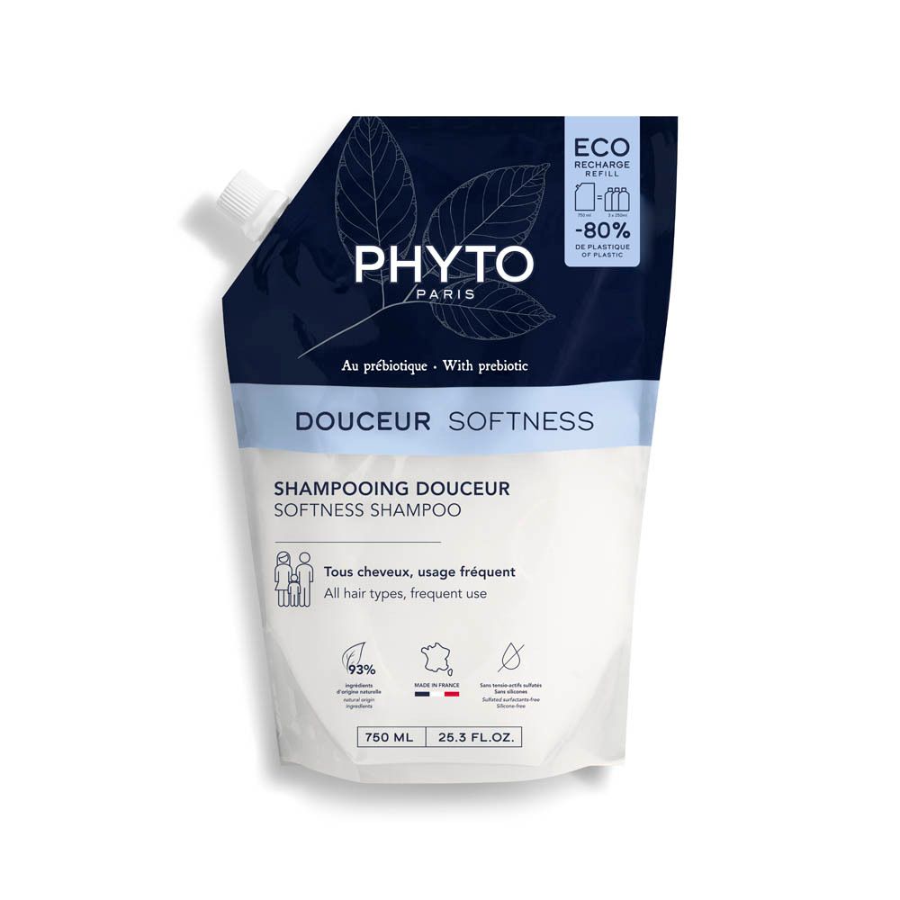 Navulling shampoo Phyto Paris Douceur. Witte zak met blauw logo en productnaam. Bevat 750 ml.