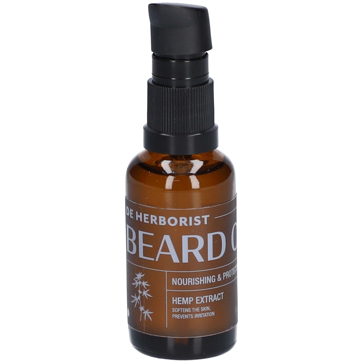 Bruine glazen fles met zwarte pomp. Opschrift: BEARD OIL, Hemp Extract. Met bamboe-afbeelding.