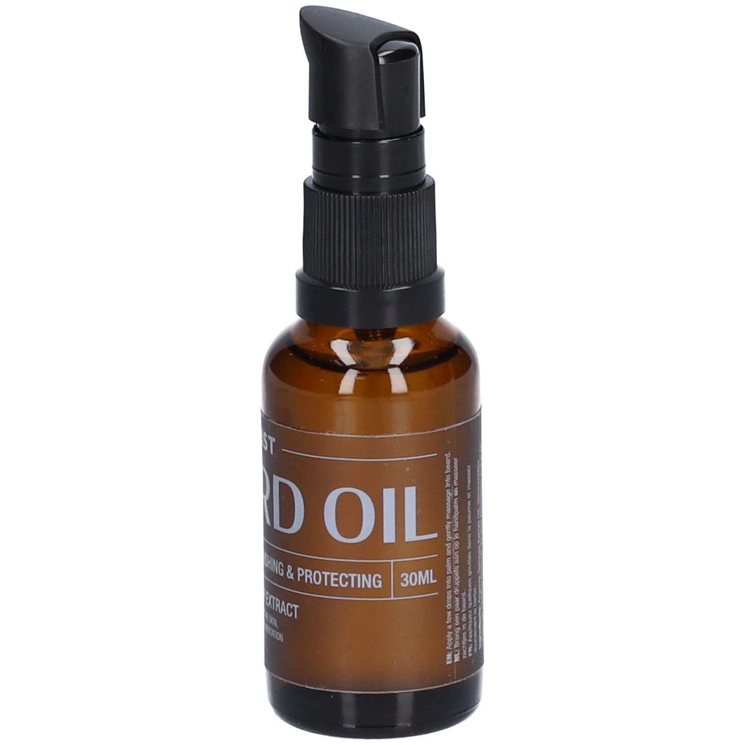 Bruine glazen fles met zwarte pomp. Opschrift: BEARD OIL, 30ml. Met ingrediëntenlijst.