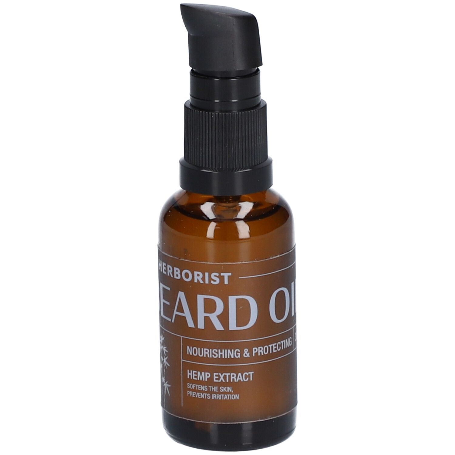 Bruine glazen fles met zwarte pomp. Opschrift: BEARD OIL, Hemp Extract. Met bamboe-afbeelding.