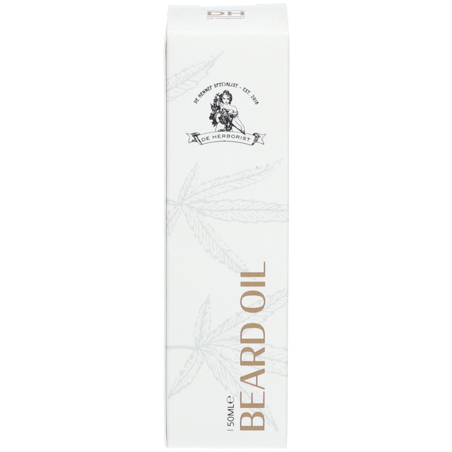 Witte doos met opschrift: BEARD OIL, 50ml. Met logo en hennepblad-afbeelding.