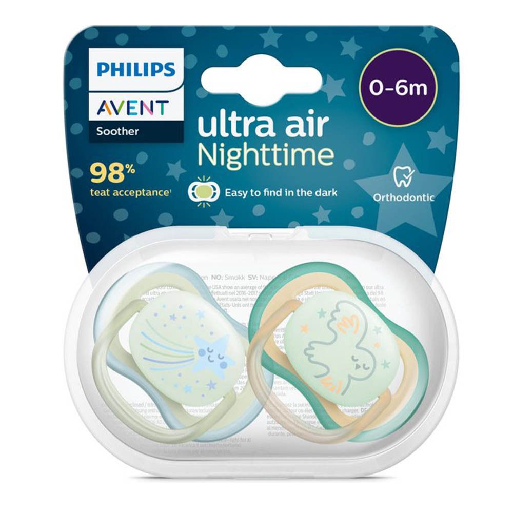 Twee fopspenen in een transparante doos. Verpakking met Philips Avent logo, productnaam en leeftijdsindicatie 0-6 maanden. Orthodontisch.