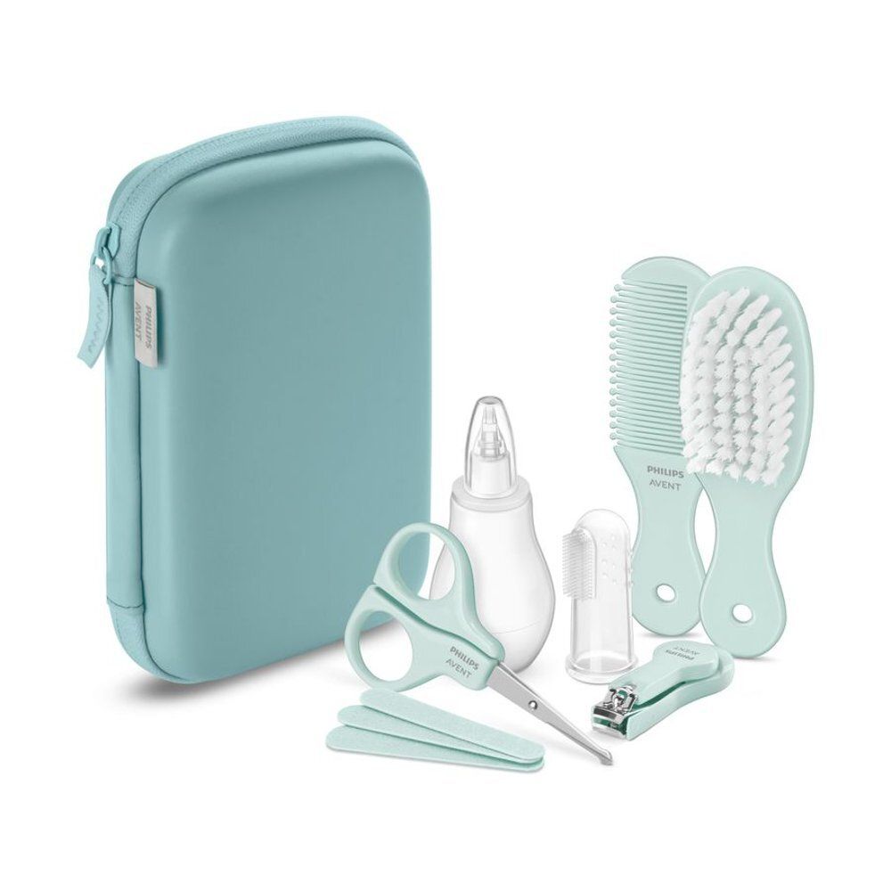 Philips Avent Baby Care Set, geopend. Neusspray, kam, borstel, schaar, nagelknipper.