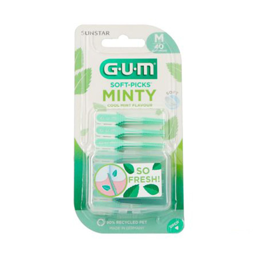 Verpakking GUM Soft-Picks Minty Medium. Groen-witte verpakking met product en naam. 40 stuks. Muntsmaak.