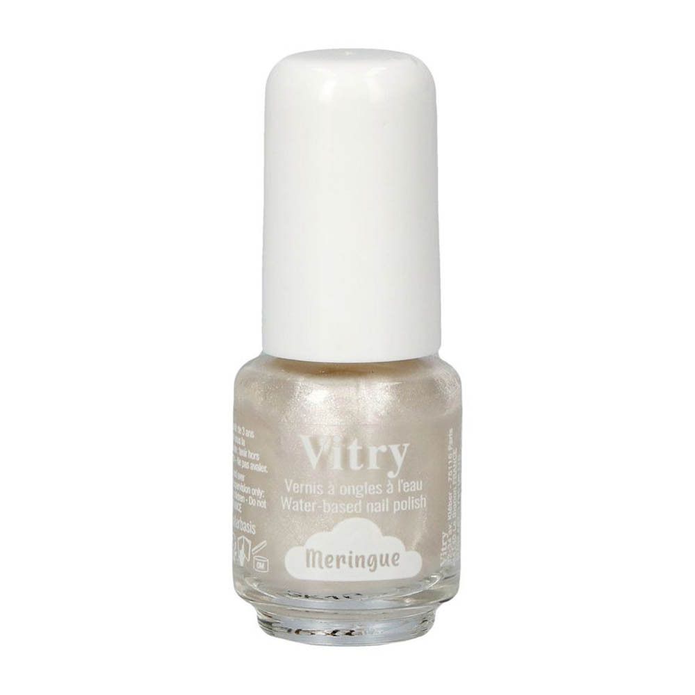 Nagellakflesje met witte dop. Opschrift: Vitry, Vernis à ongles à l'eau, Meringue.