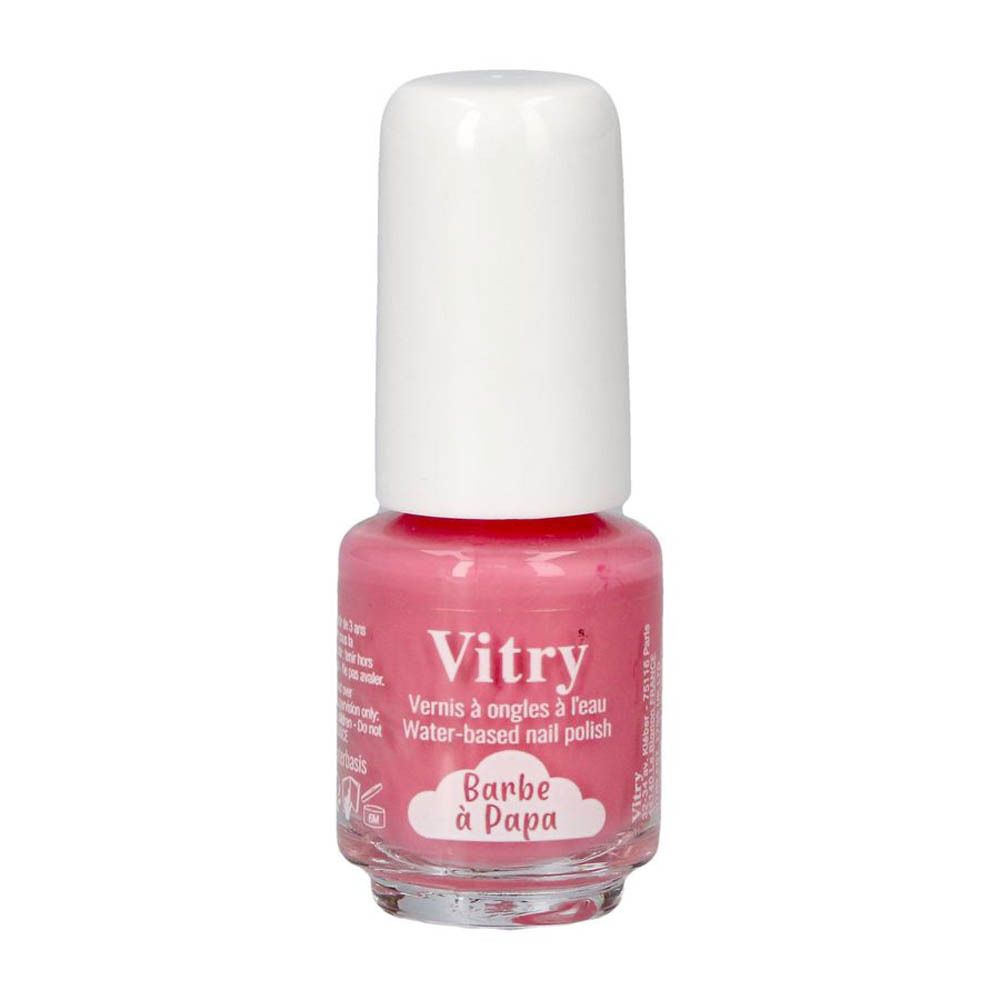 Roze nagellakfles met witte dop. Opschrift: Vitry, Barbe à Papa. Nagellak op waterbasis.
