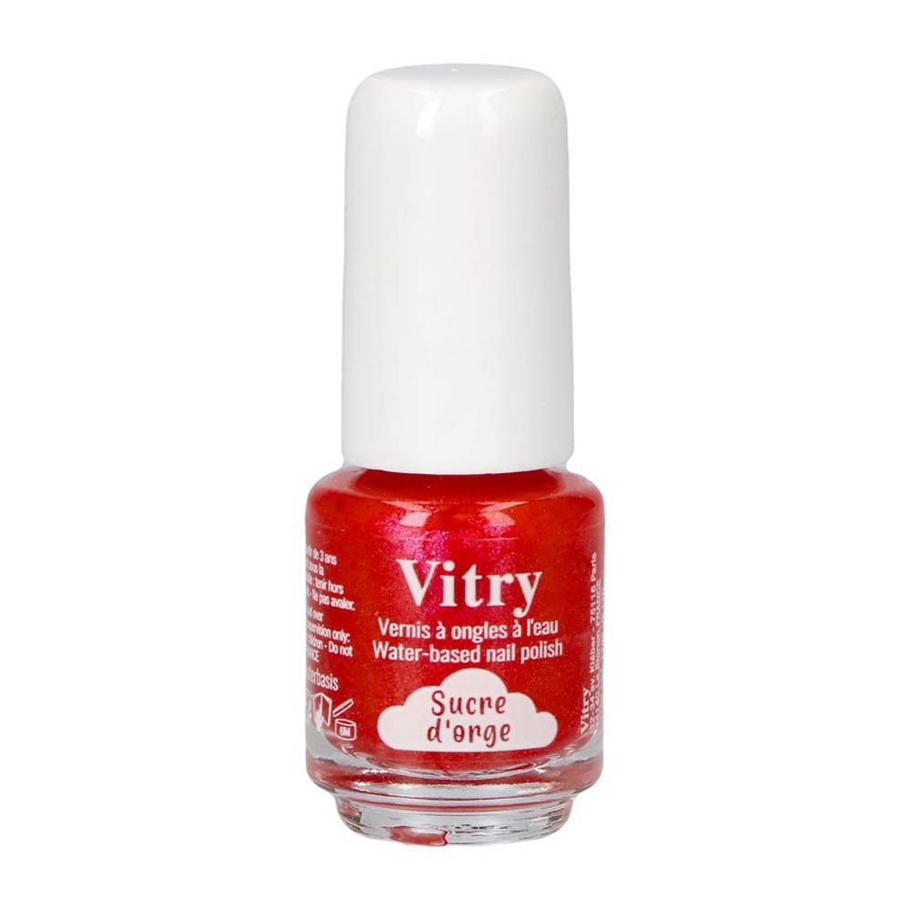 Flacon de vernis à ongles rouge avec bouchon blanc. Inscription : Vitry, Vernis à ongles à l'eau, Water-based nail polish, Sucre d'orge.