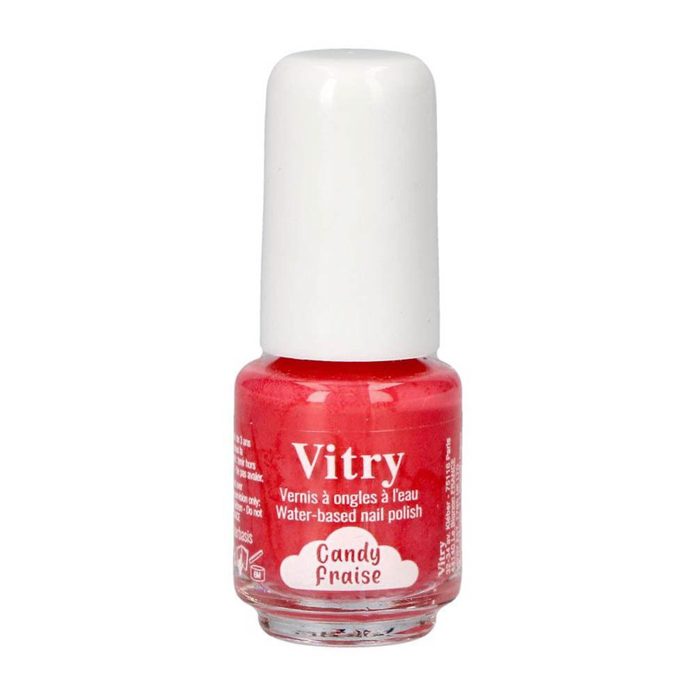 Nagellakflesje met witte dop. Opschrift: Vitry, Candy Fraise. Waterbasis nagellak.