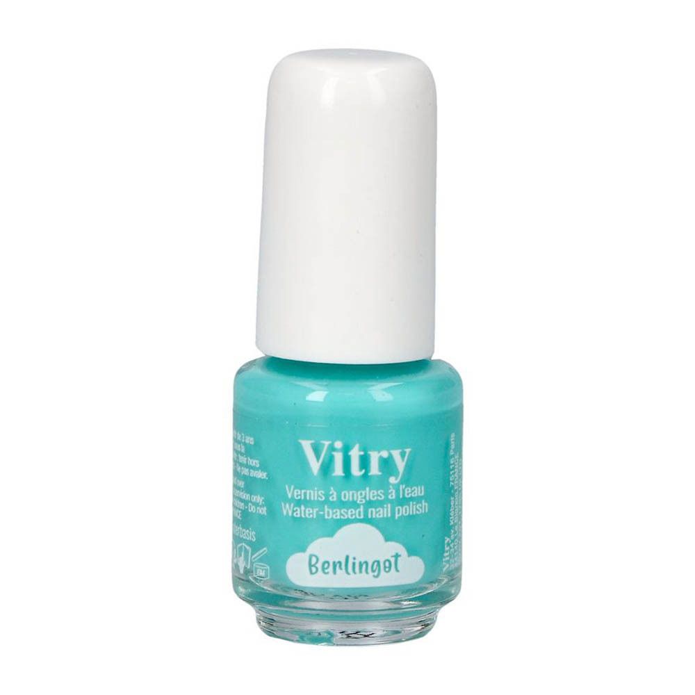 Turquoise nagellakflesje met witte dop. Opschrift: Vitry, Vernis à ongles à l'eau, Berlingot.