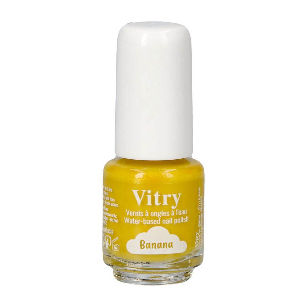 Gele nagellak met witte dop. Opschrift: Vitry, Vernis à ongles à l'eau, Water-based nail polish, Banana.