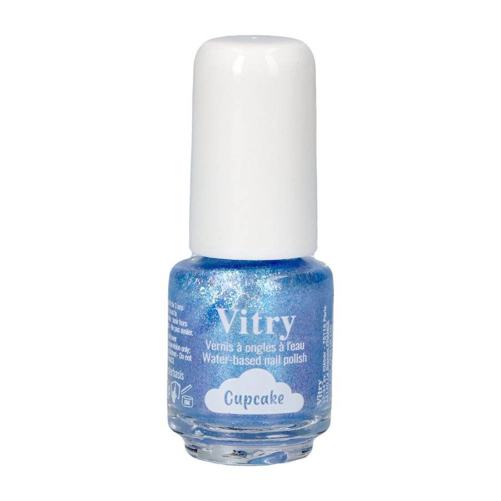 Nagellakflesje met witte dop. De lak is blauw met glitter. Opschrift: Vitry, Cupcake.