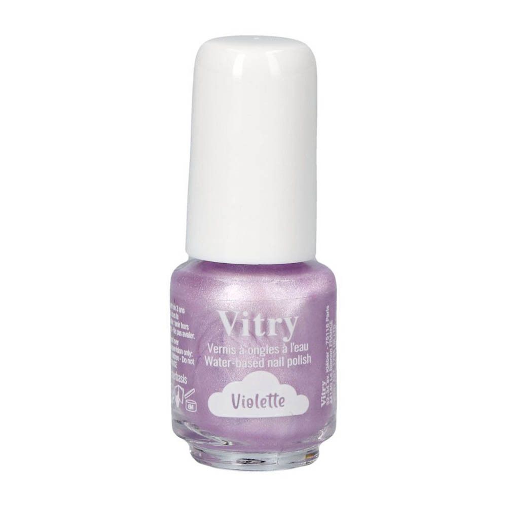 Flesje paarse nagellak met witte dop. Opschrift: Vitry, Vernis à ongles à l'eau, Violette.