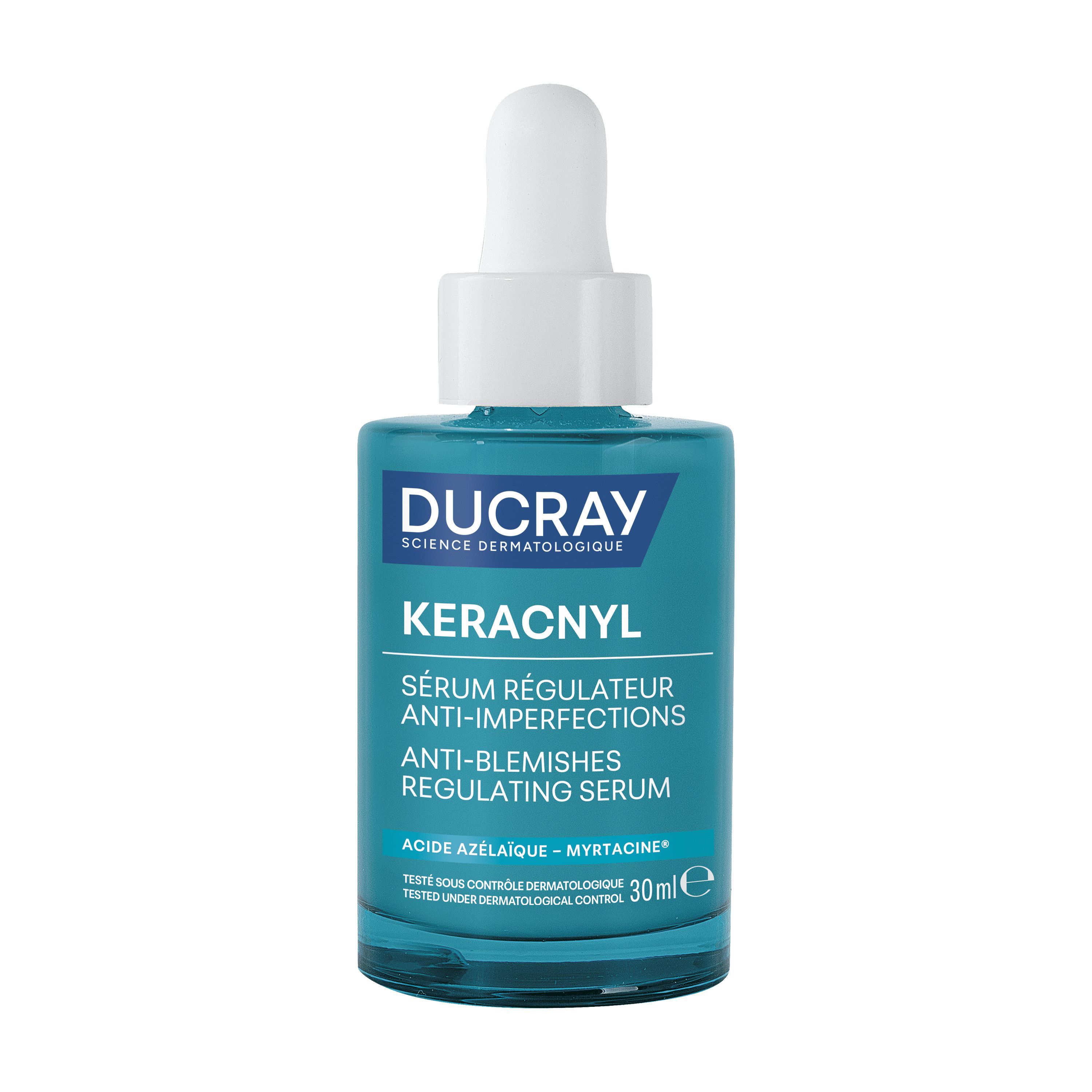 Blauw serumflesje met witte dop. Opschrift: Ducray Keracnyl Sérum régulateur anti-imperfections.