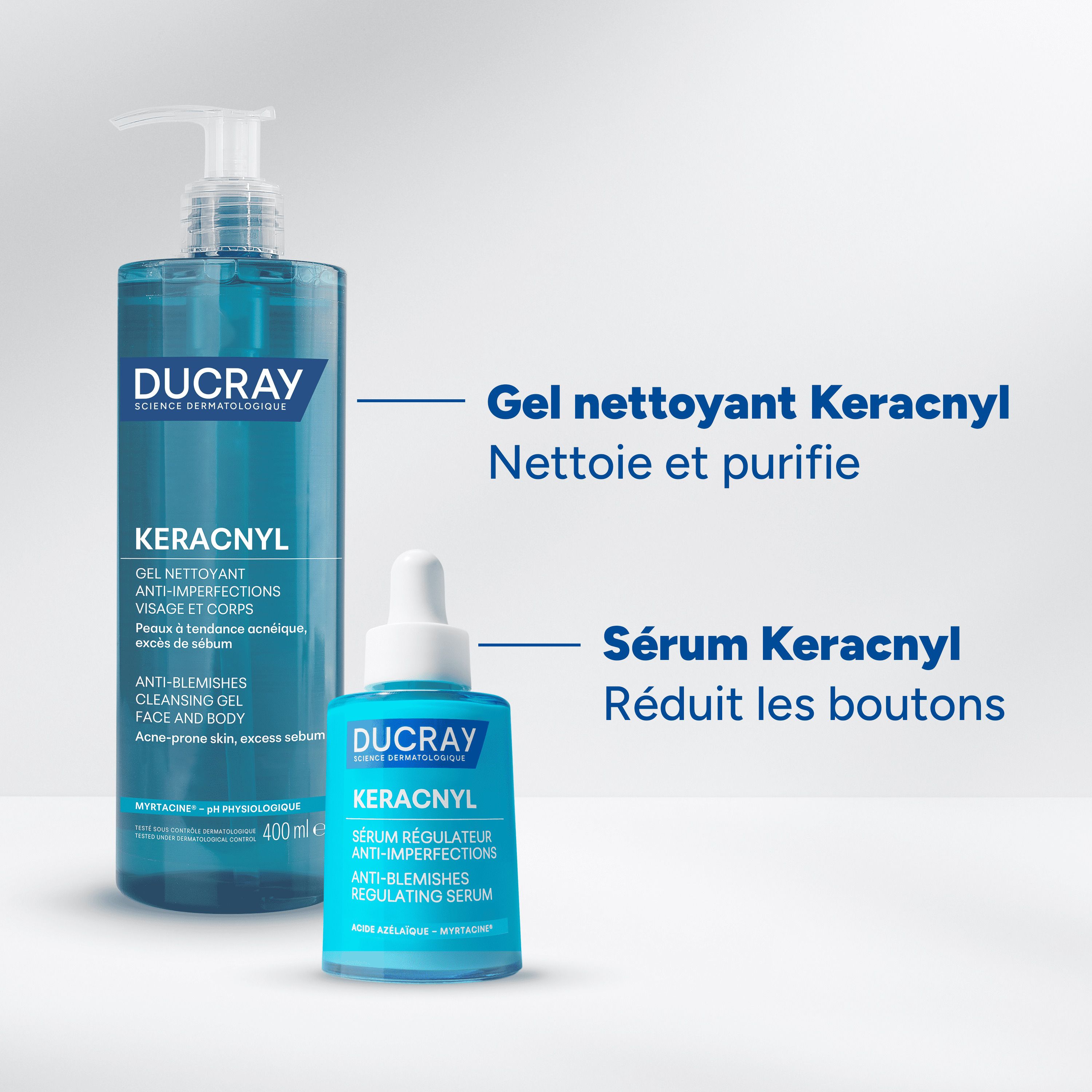 Flacon de sérum bleu avec bouchon blanc. Inscription: Ducray Keracnyl Sérum régulateur anti-imperfections.