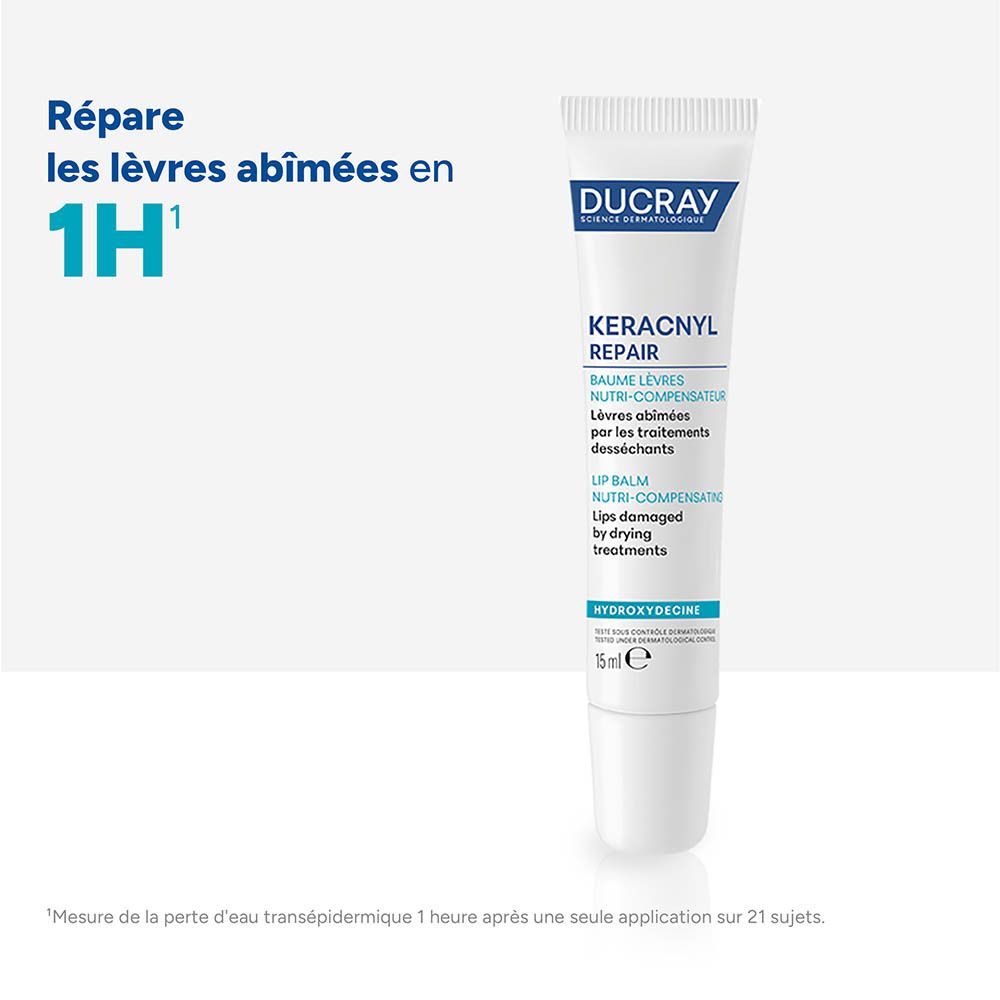 Tube de baume à lèvres Ducray Keracnyl Repair, 15ml, répare les lèvres abîmées en 1H.