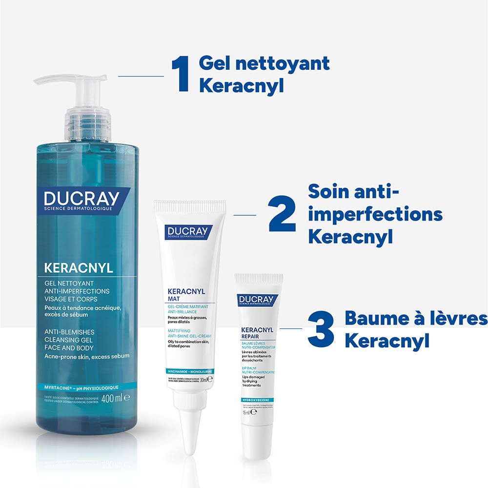 Ducray Keracnyl : gel nettoyant, crème matifiante, baume réparateur.