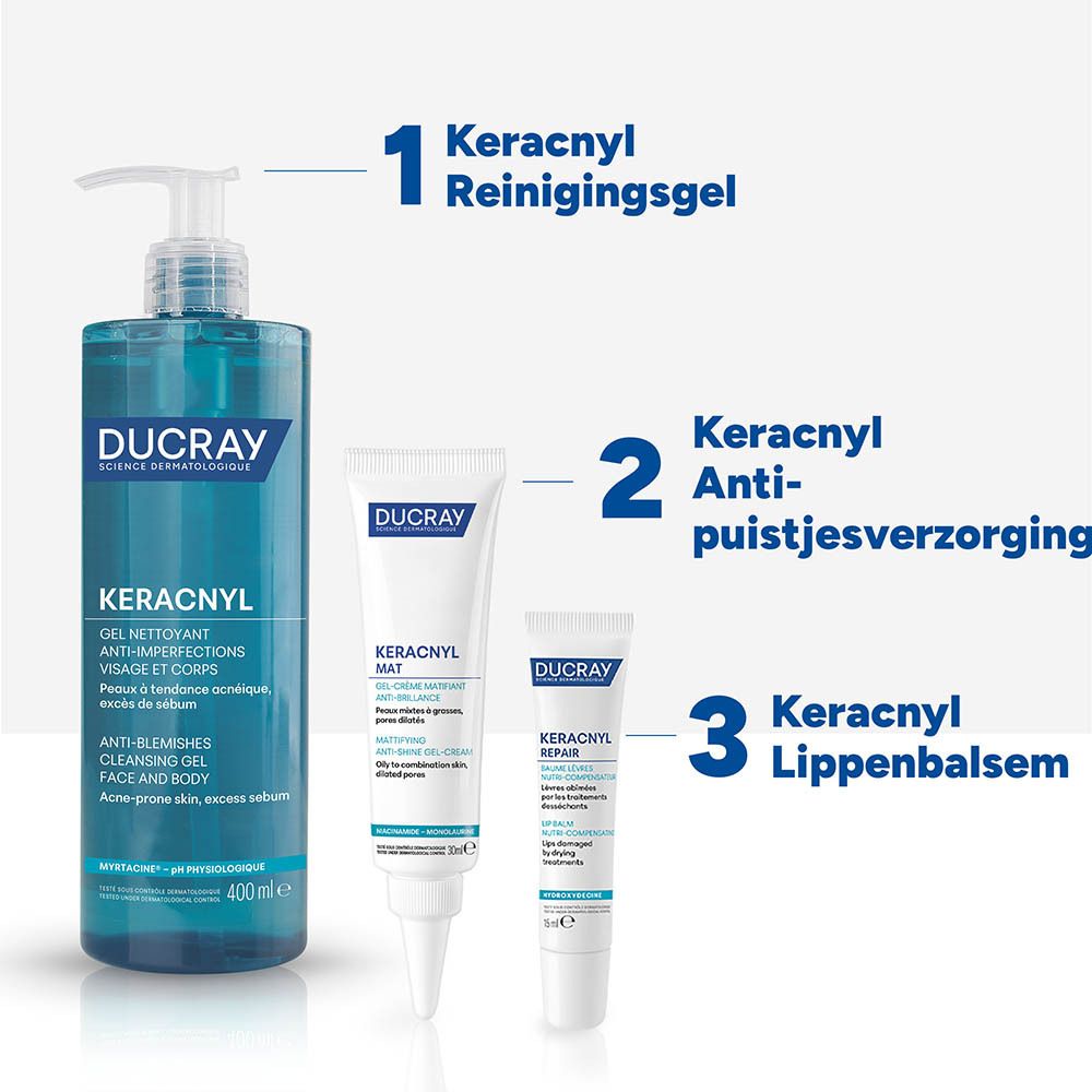 Ducray Keracnyl reinigingsgel, anti-puistjesverzorging en lippenbalsem in verschillende formaten.
