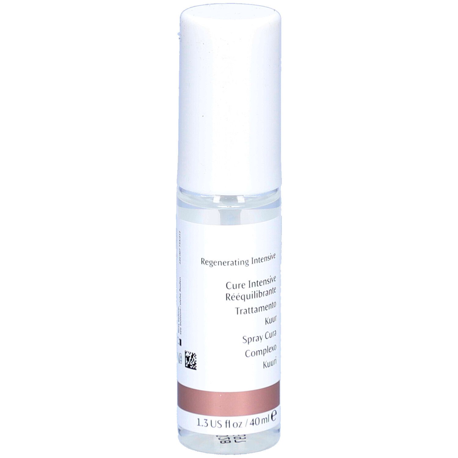 Flacon cylindrique blanc. Inscriptions: Regeneration Intensiv, Cure Rééquilibrante, Trattamento, 1.3 US fl oz / 40ml.