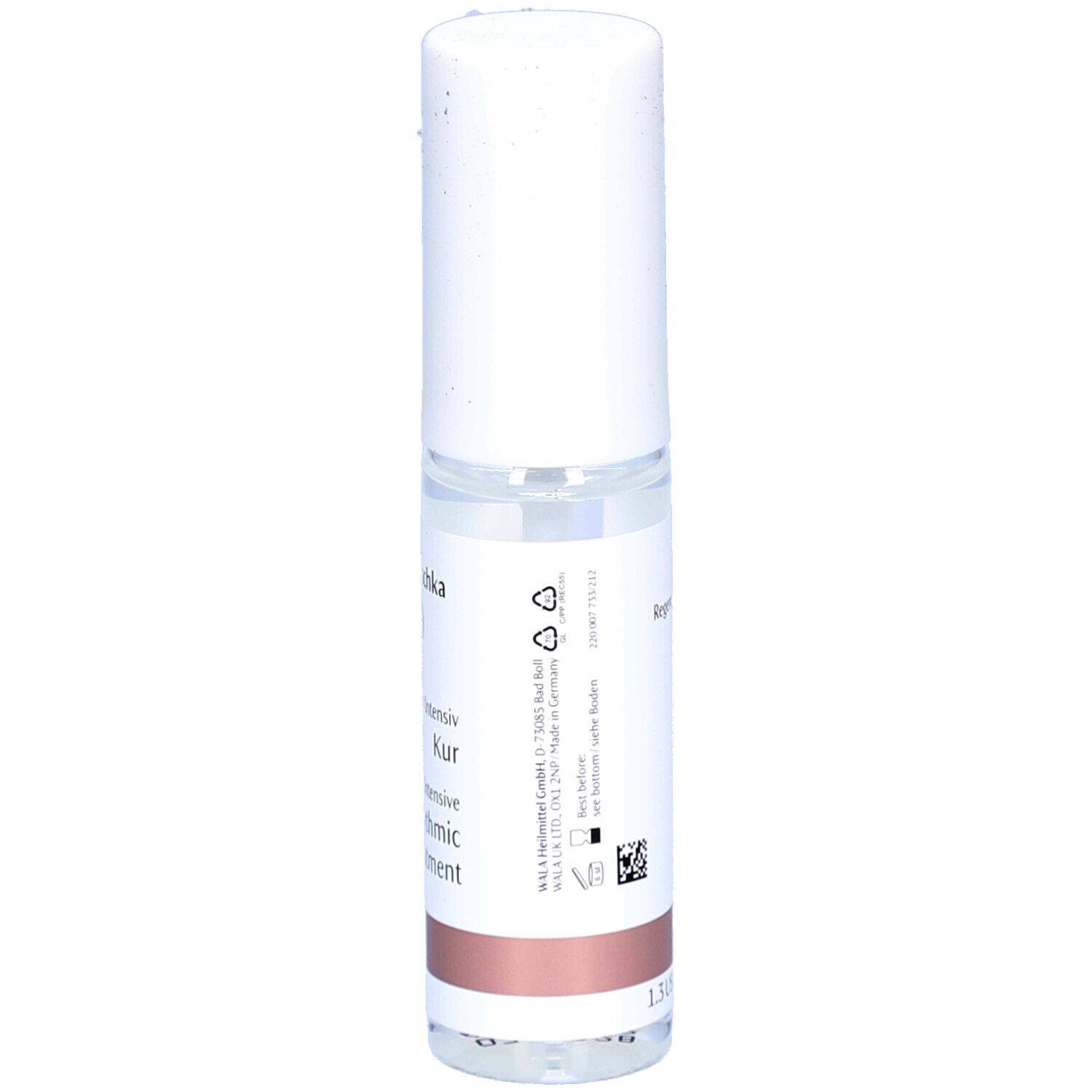 Flacon cylindrique blanc. Inscriptions: Dr. Hauschka, Regeneration Intensiv Kur, Rhythmic Treatment, 1.3 US fl oz / 40ml.