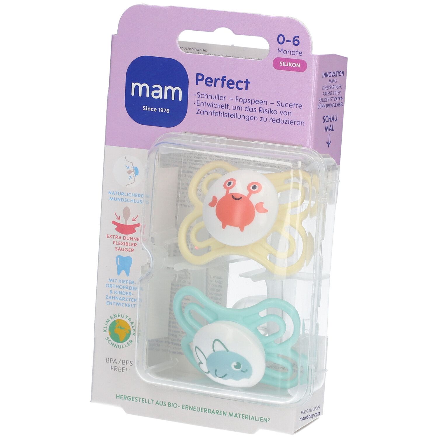 Emballage de deux sucettes MAM Perfect. Sucettes jaune et bleu avec motifs animaux. Recommandé pour 0-6 mois.