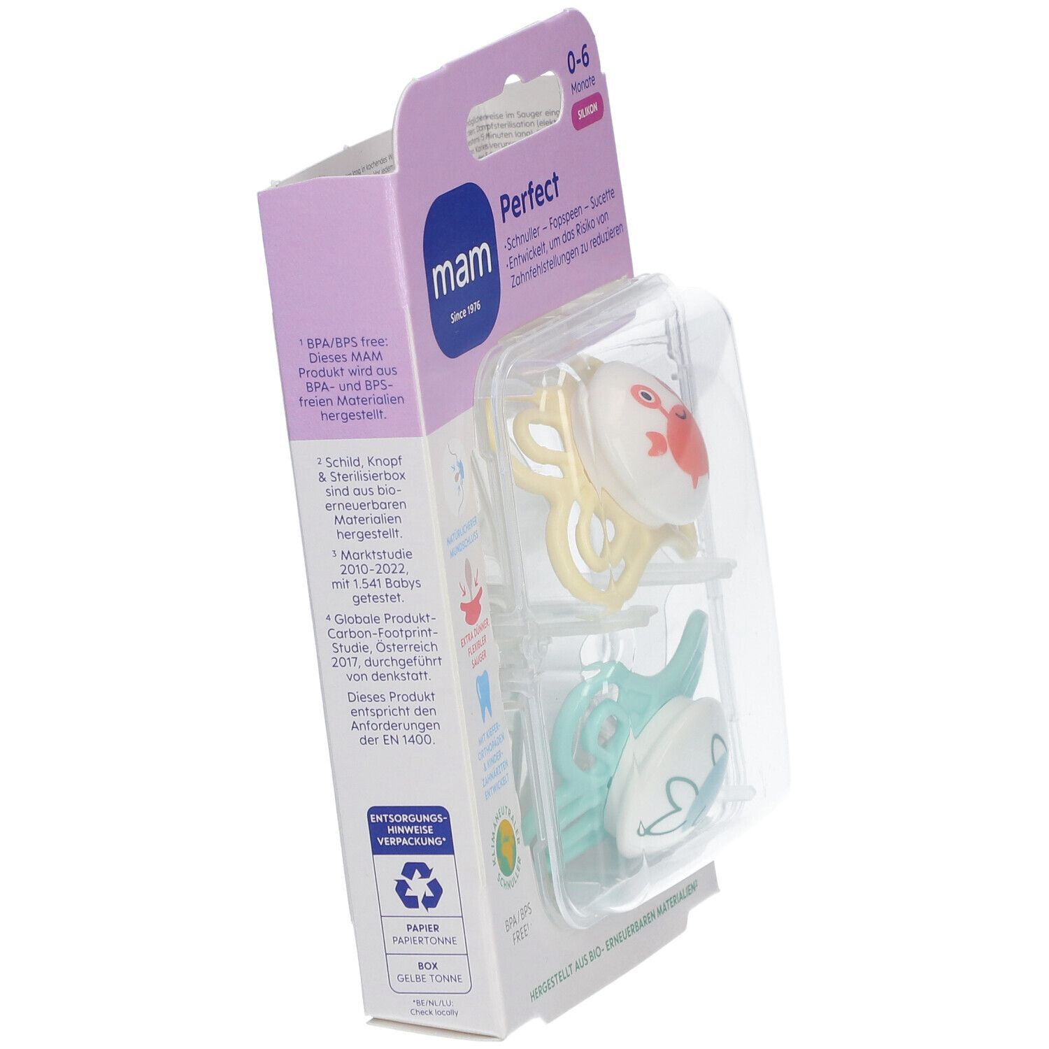 Emballage de deux sucettes MAM Perfect. Sucettes jaune et bleu avec motifs animaux. 0-6 mois. Emballage plastique.