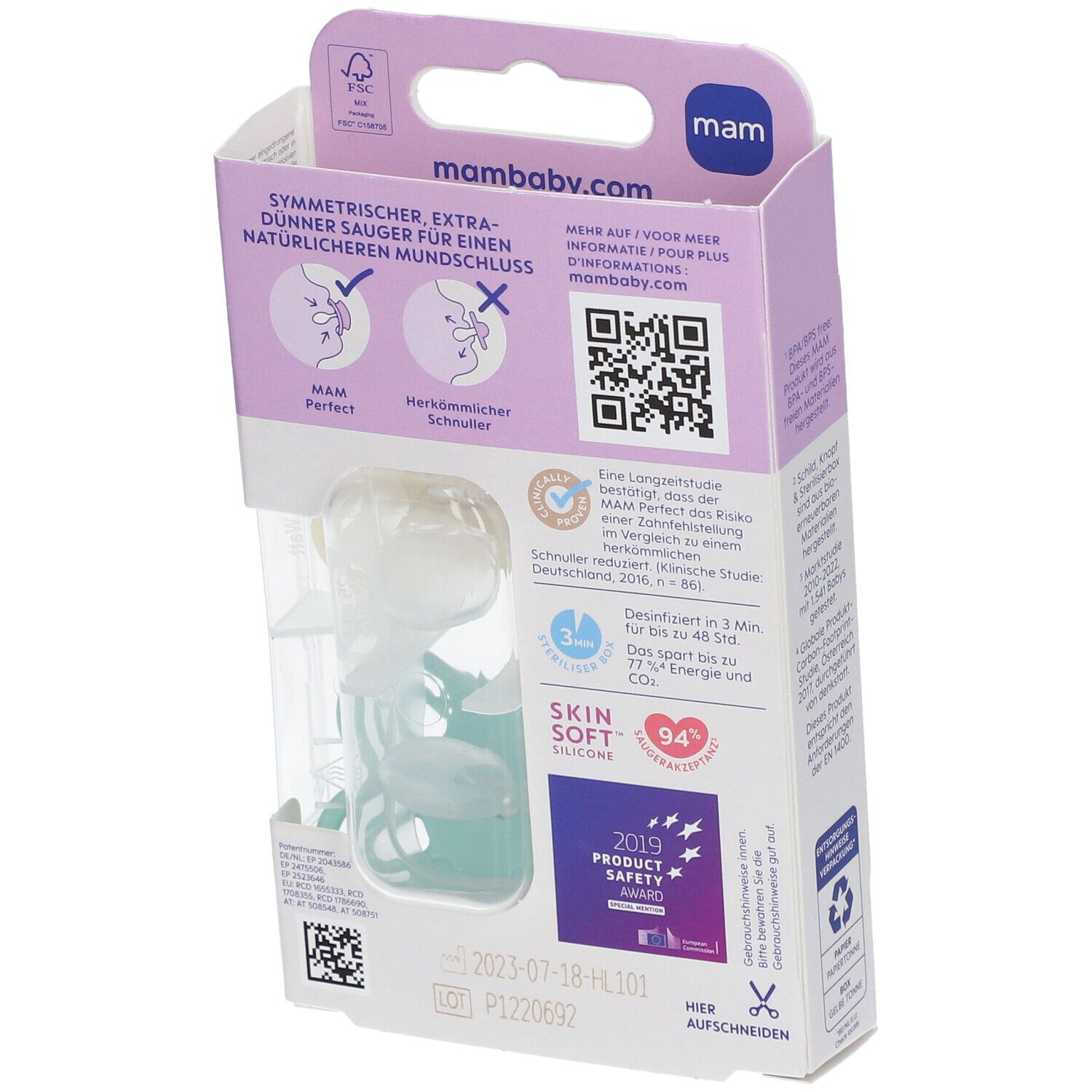 Dos de l'emballage de deux sucettes MAM Perfect. Informations sur les matériaux et certifications. 0-6 mois.
