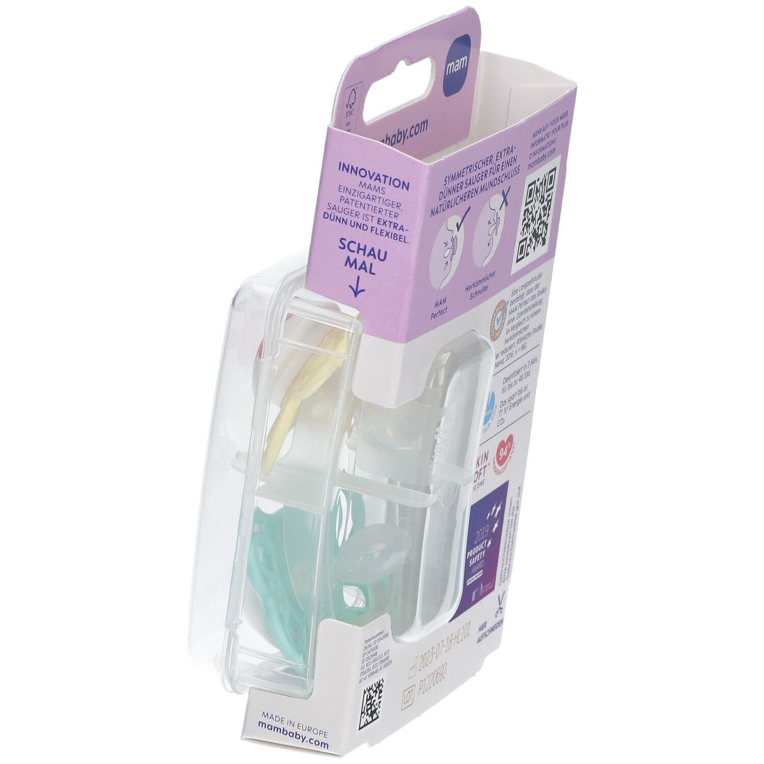 Emballage de deux sucettes MAM Perfect. Informations sur l'innovation. 0-6 mois. Emballage plastique.