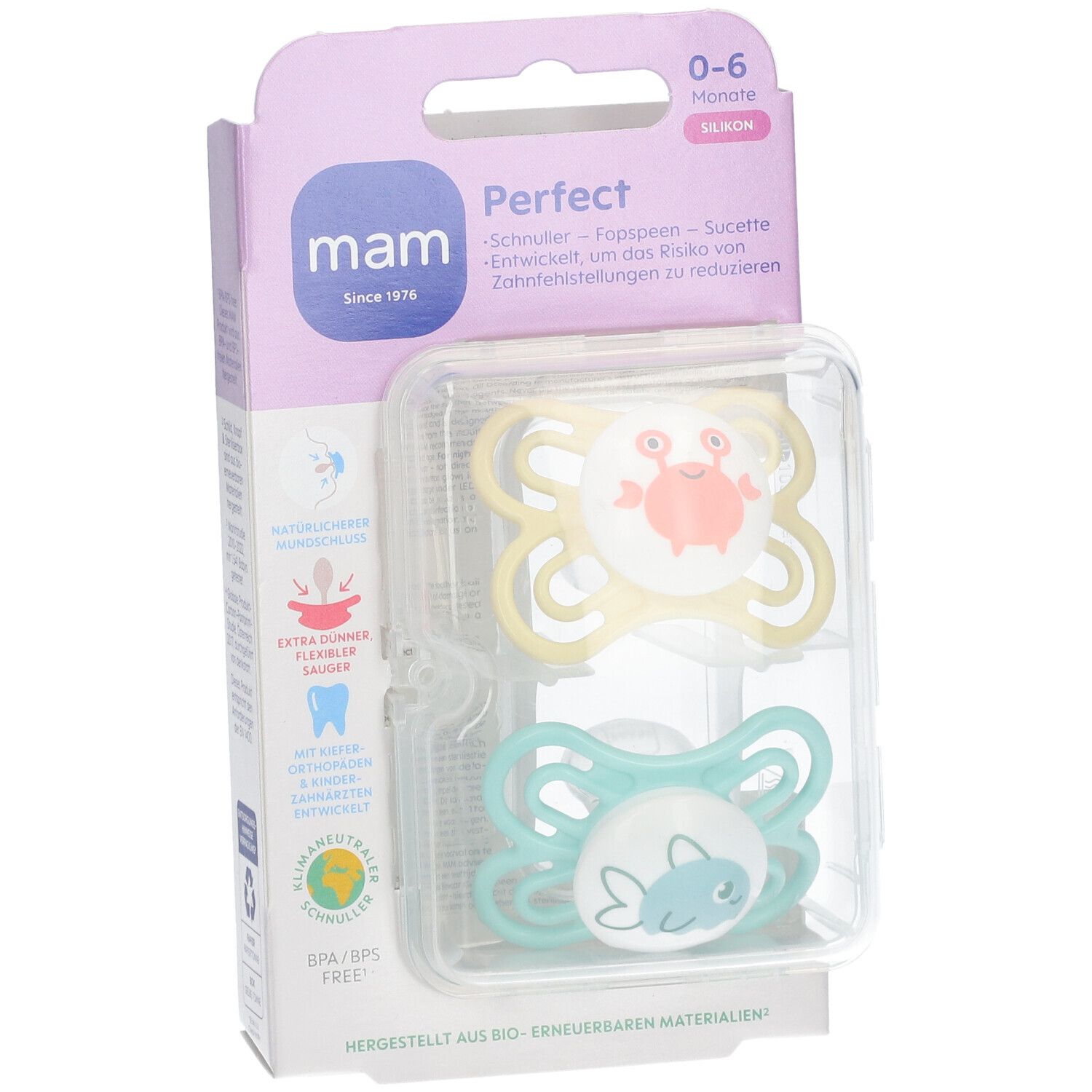 Emballage de deux sucettes MAM Perfect. Sucettes jaune et bleu avec motifs animaux. 0-6 mois.