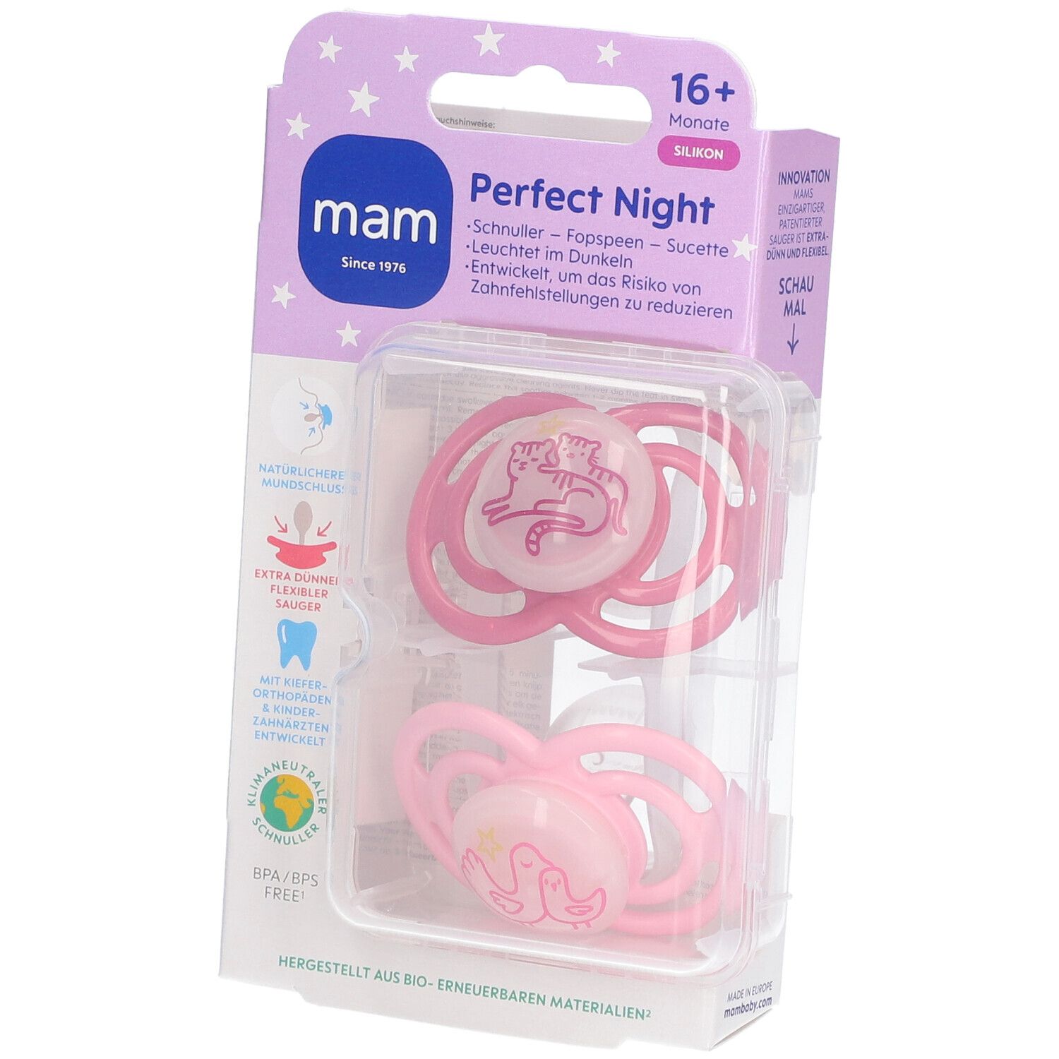 MAM Perfect Nuit Duo de tétines rose en silicone 16 mois et +