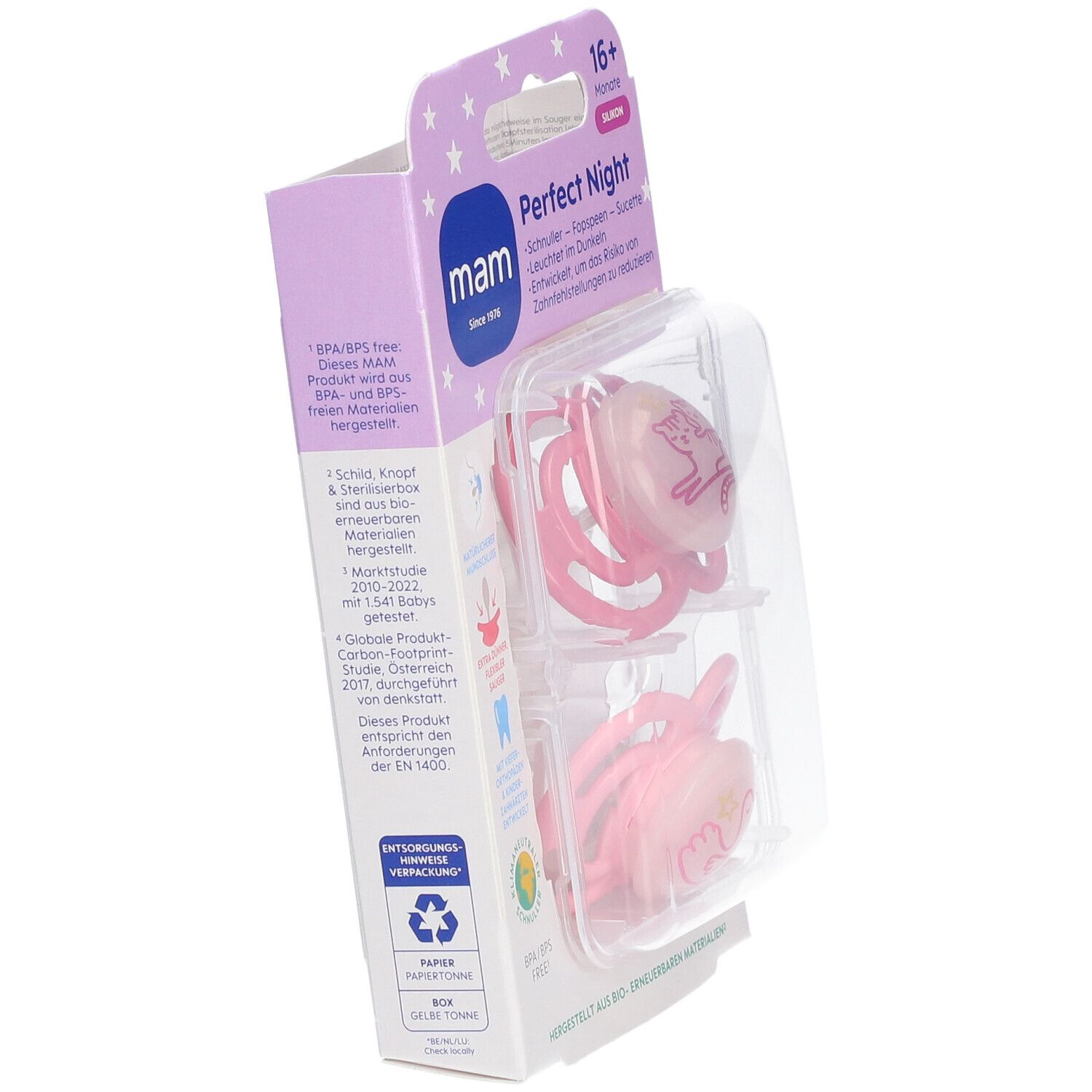 MAM Perfect Nuit Duo de tétines rose en silicone 16 mois et +