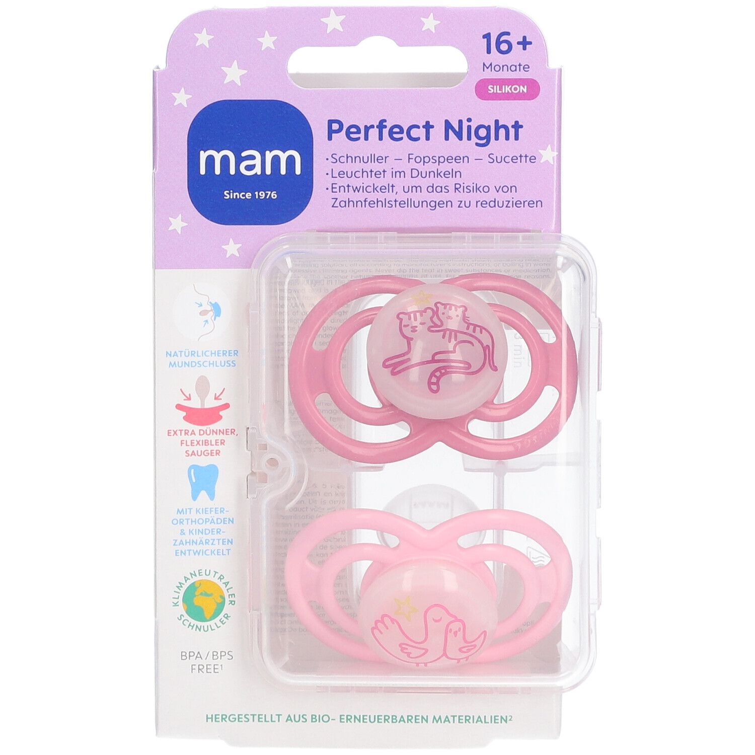MAM Perfect Nuit Duo de tétines rose en silicone 16 mois et +