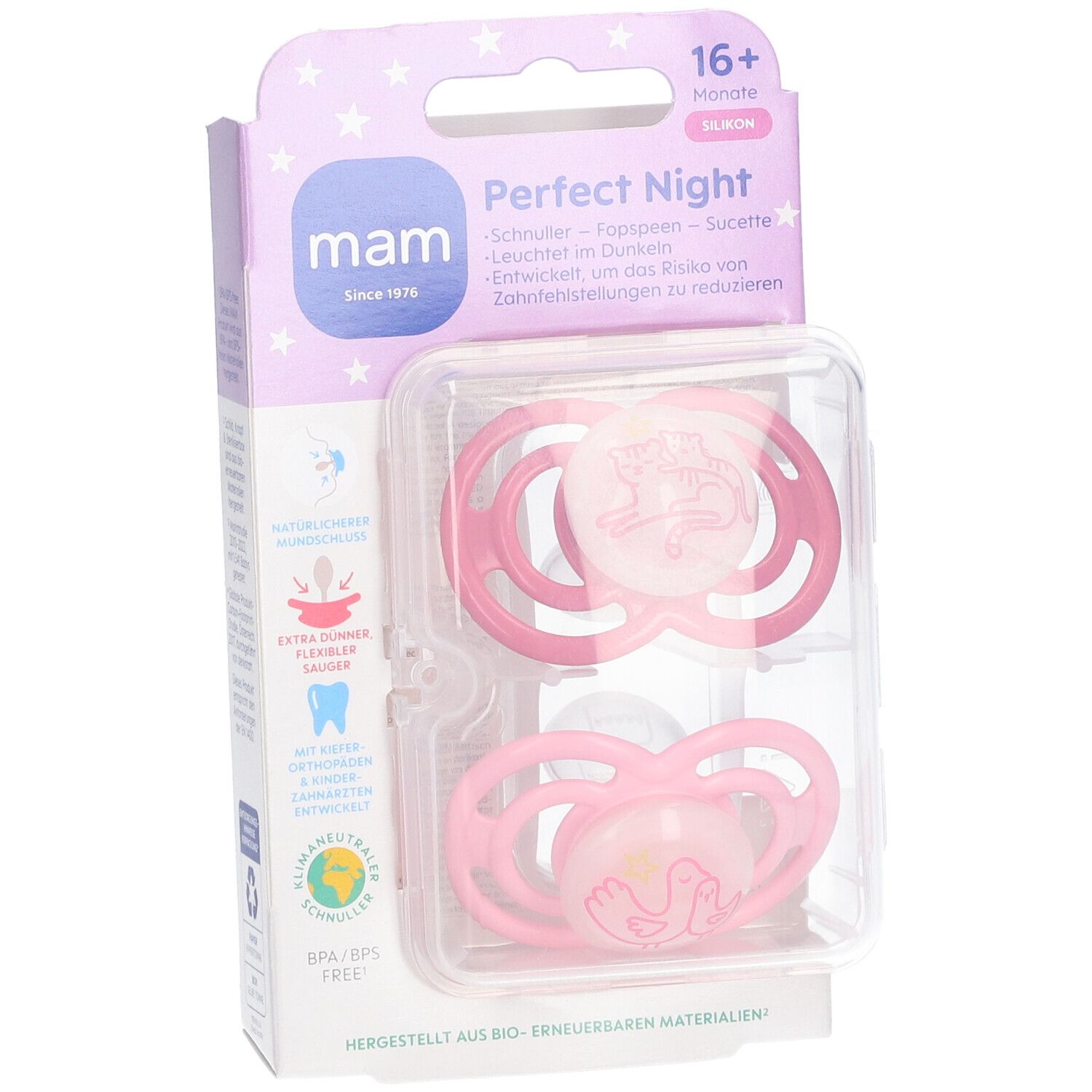 MAM Perfect Nuit Duo de tétines rose en silicone 16 mois et +