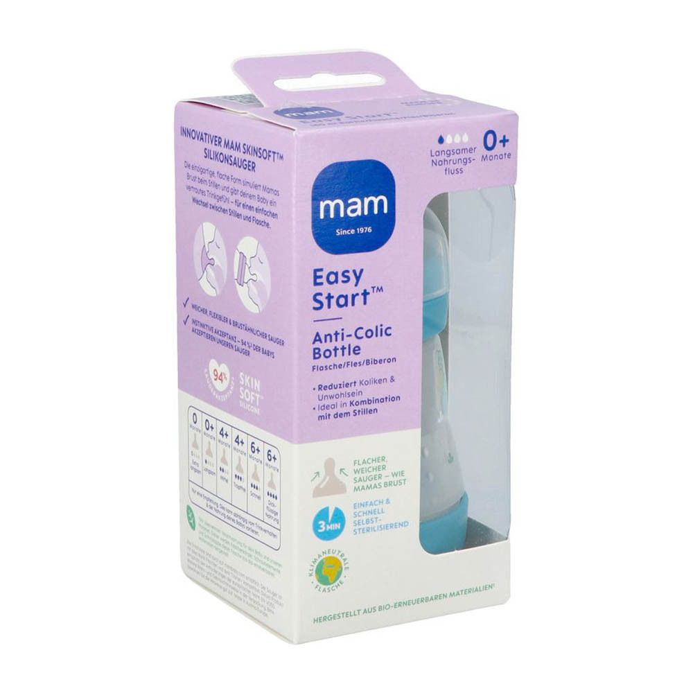 Emballage du biberon. Côté avec informations produit. Marque mam. Tétine SkinSoft en silicone. Recommandations d'âge.