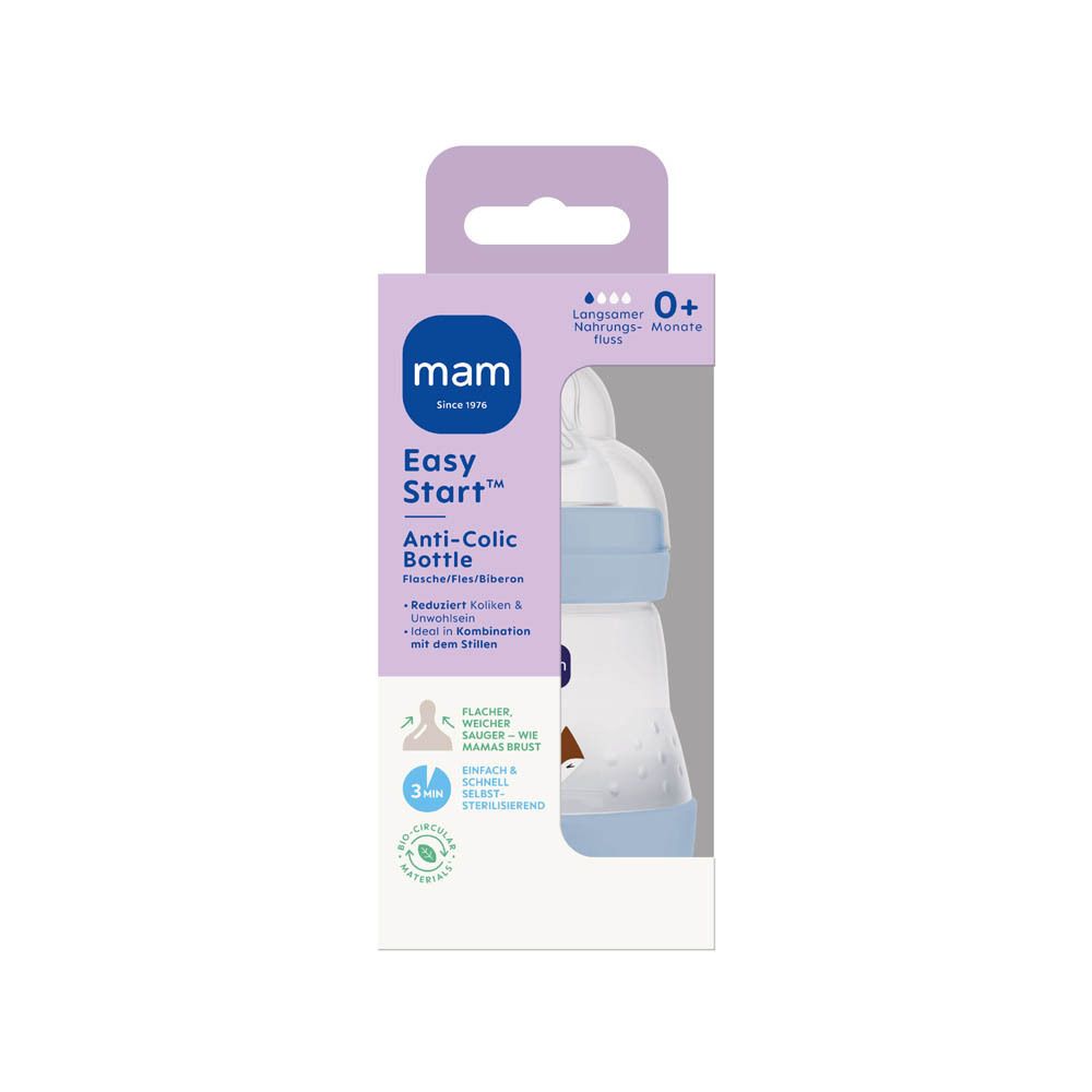 MAM Easy Start Anti-Kolik fles, 160ml, blauw, met vossenprint, in verpakking.