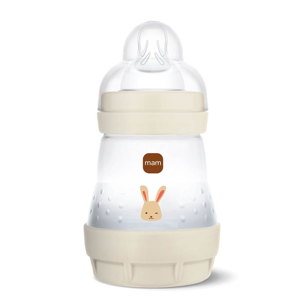 MAM Easy Start Anti-Kolik fles beige met dierenmotief, vooraanzicht.