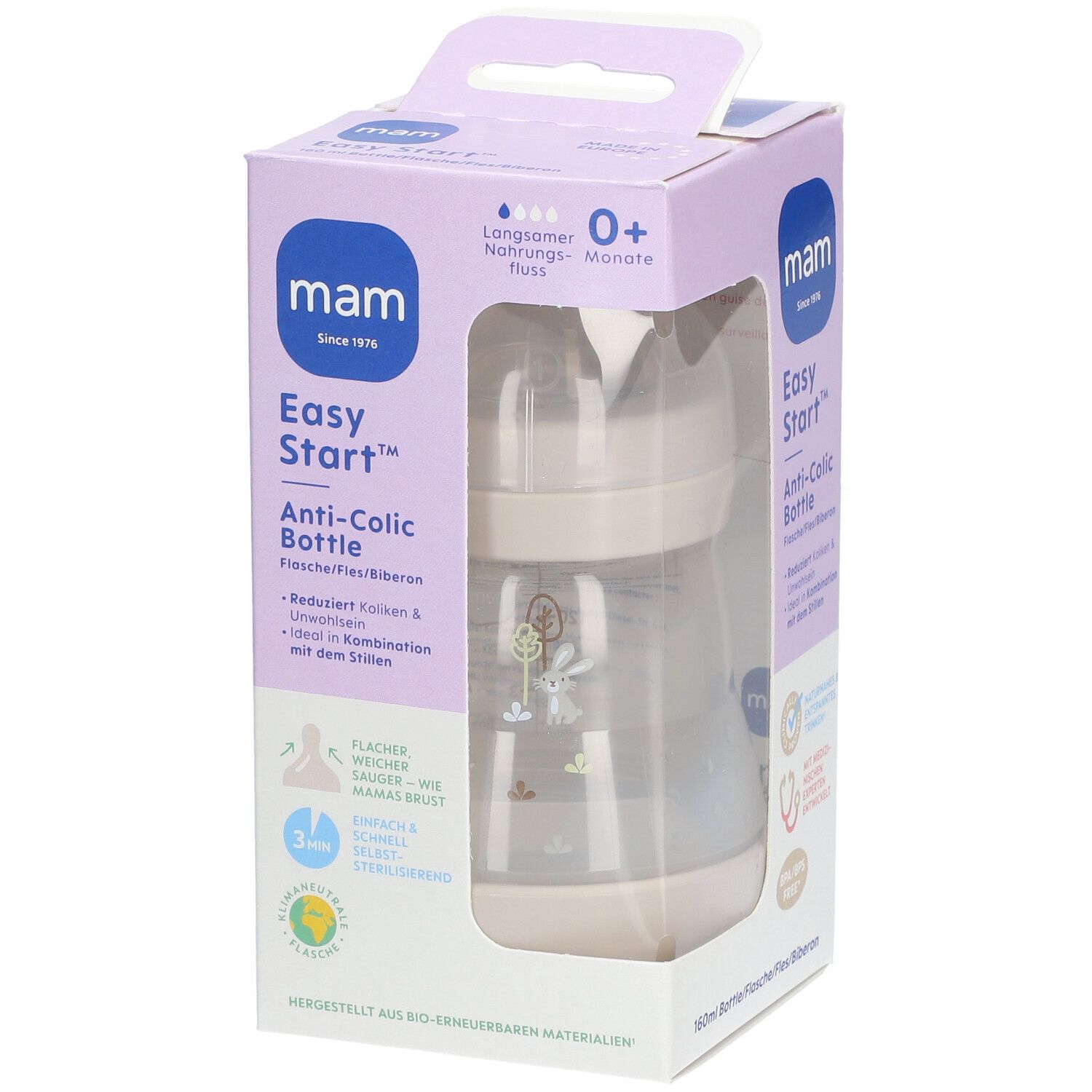 Lot De 3 Biberons Anti-coliques MAM Easy Start 260 Ml - Tétine SkinSoft Taille 1 - Auto-stérilisables Au Micro-ondes - Pour Nouveau-nés