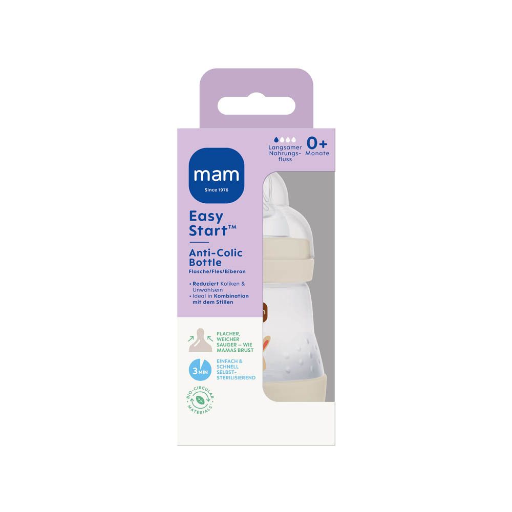 MAM Easy Start Anti-Kolik fles beige met dierenmotief, zijaanzicht.