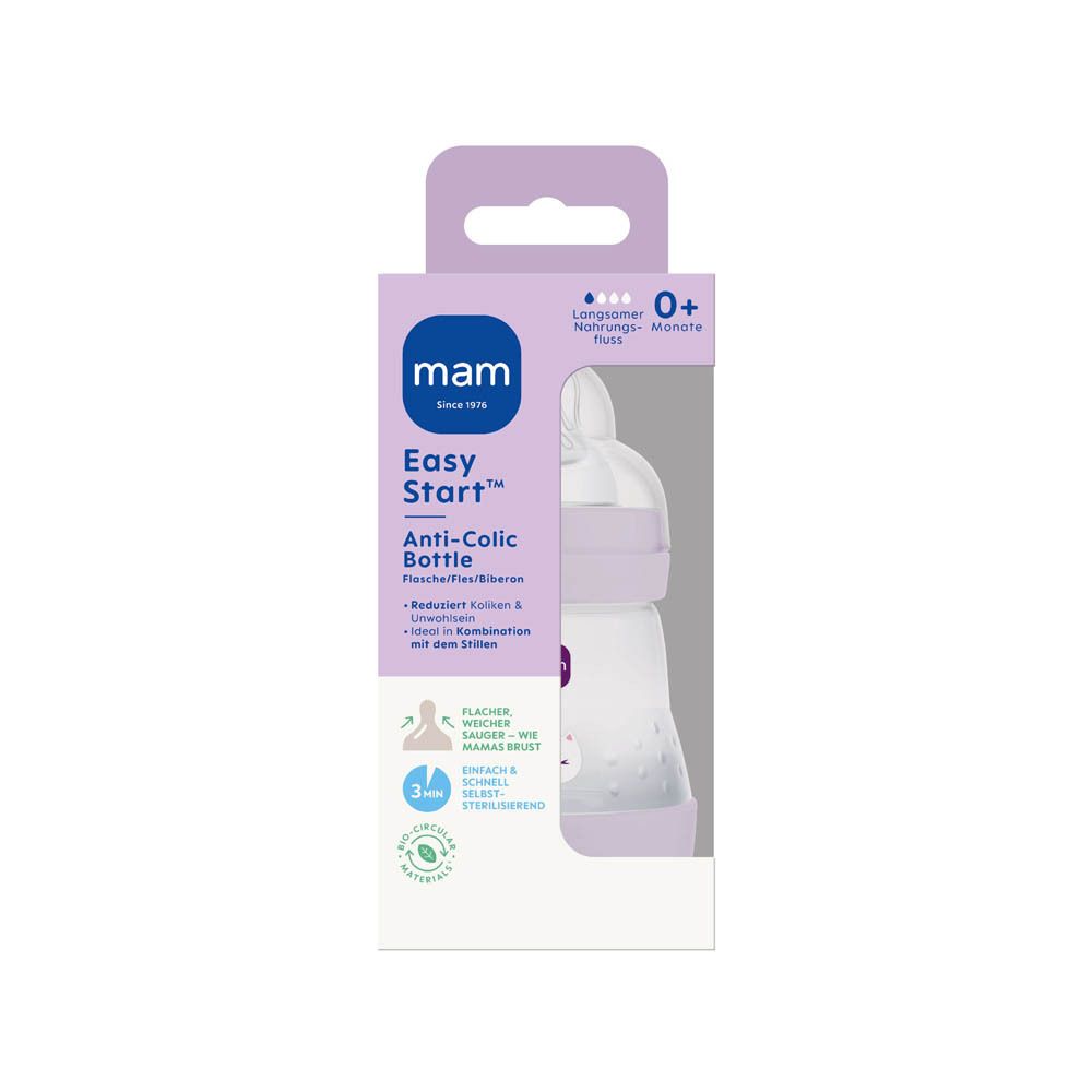 MAM Easy Start Anti-Colic fles, lila, 160 ml, vooraanzicht.
