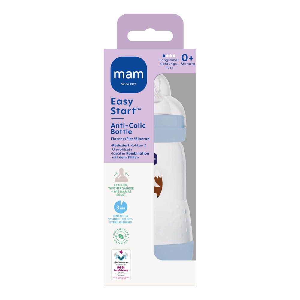 Biberon MAM Easy Start Anti-Kolik, bleu, 260 ml, motif renard, emballage.