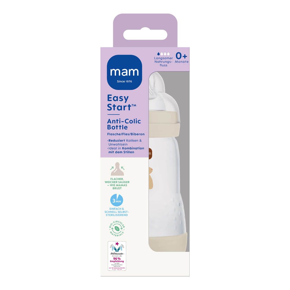 Biberon MAM Easy Start Anti-Colic, beige, 260 ml, en boîte, vue de face.