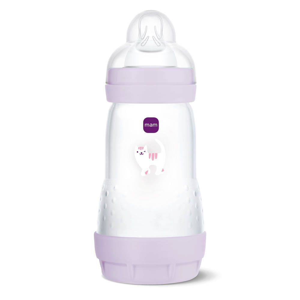 MAM Easy Start Anti-Colic fles, 260ml, paars, met kattenprint, in verpakking.