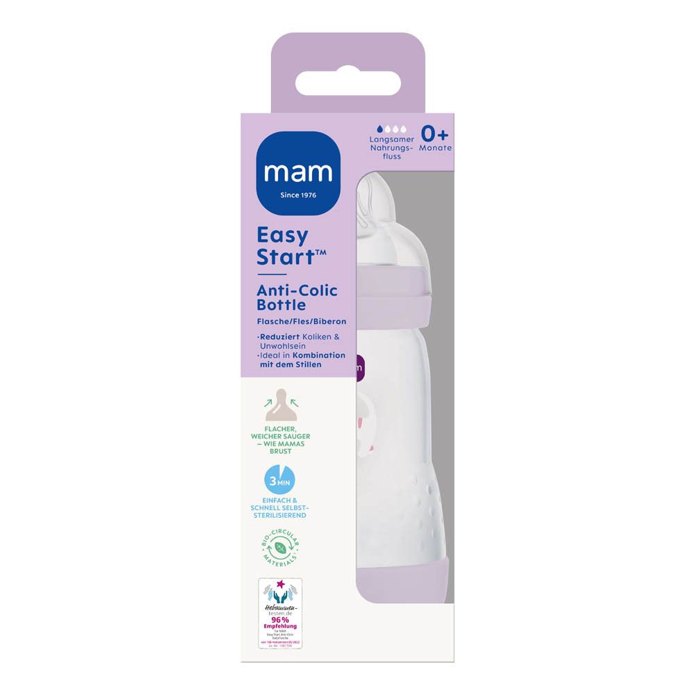 MAM Easy Start Anti-Colic fles, 260ml, paars, met kattenprint, in verpakking.
