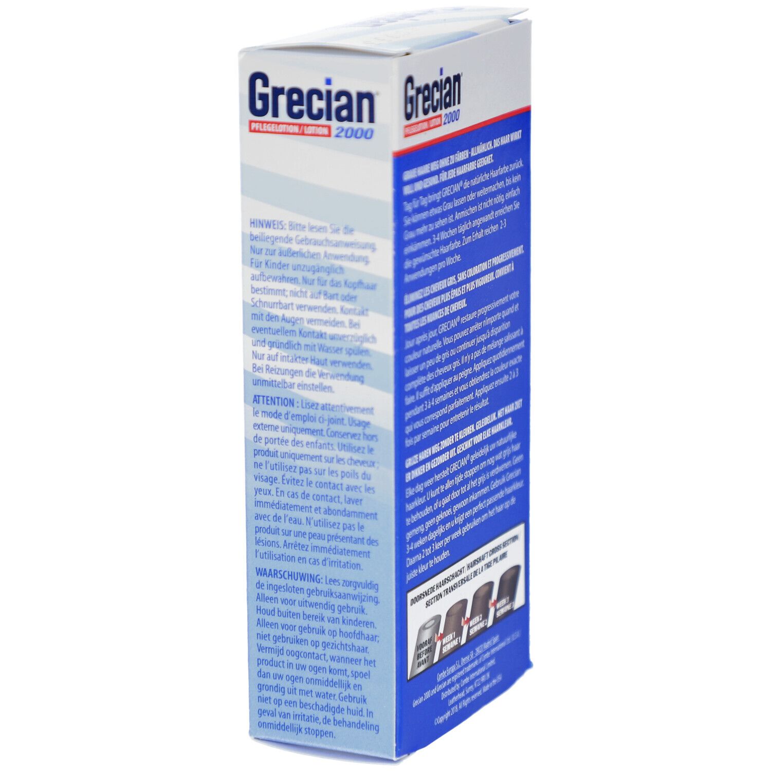 Boîte Grecian 2000. Côté avec texte. Avertissements et instructions. Images de coupes de cheveux.