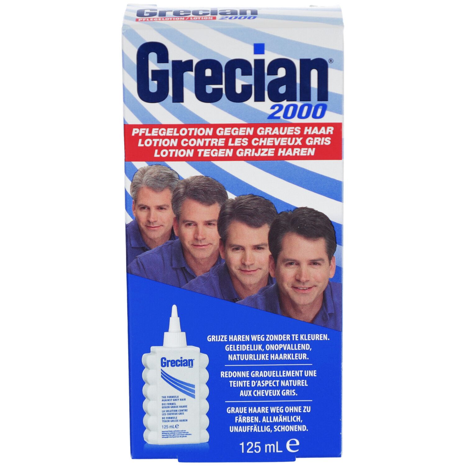 Boîte Grecian 2000. Emballage blanc et bleu avec images et texte. Flacon de lotion illustré. 125 ml.