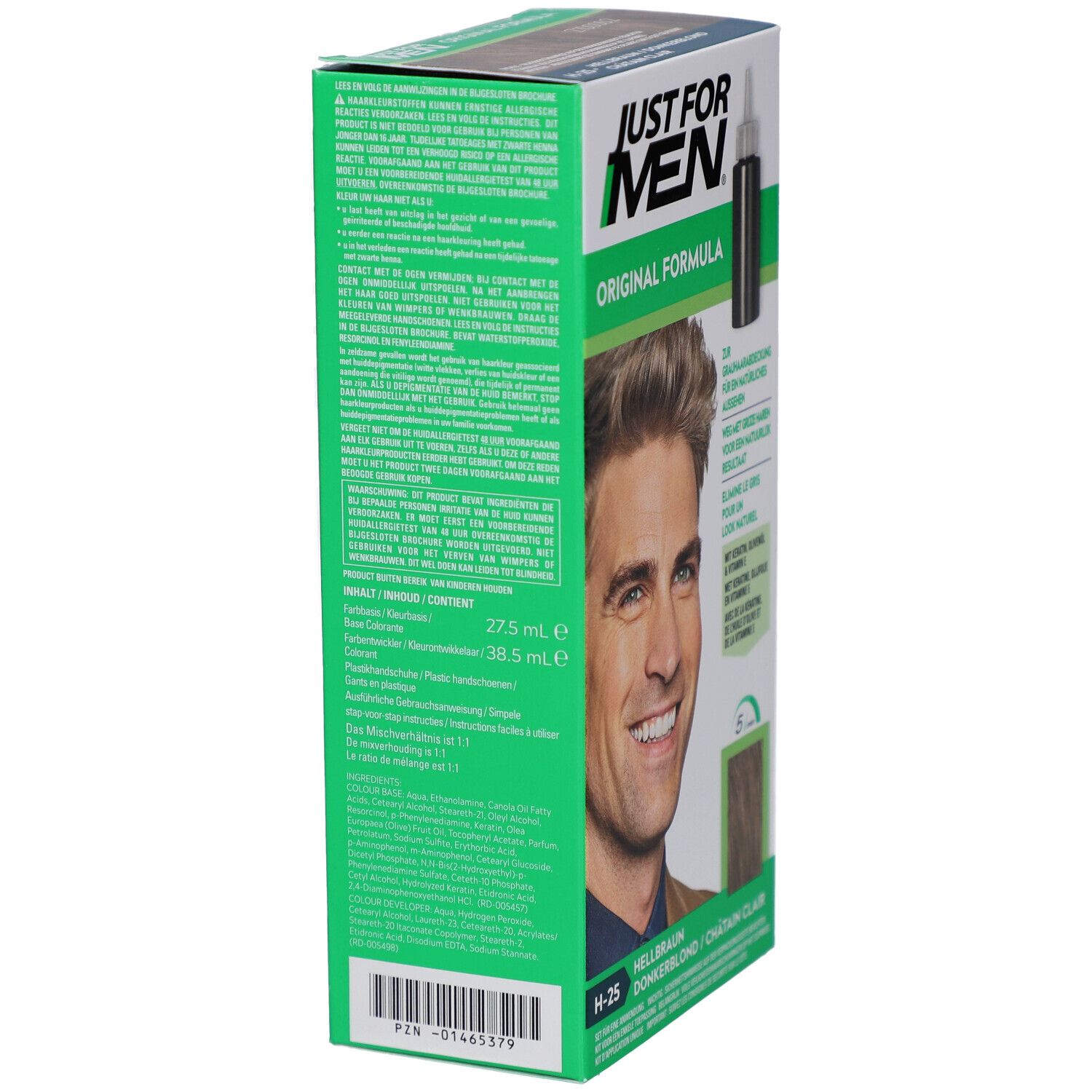 Boîte verte avec texte. Inscription: Just For Men, Original Formula. Image d'un homme aux cheveux colorés. Texte en plusieurs langues.