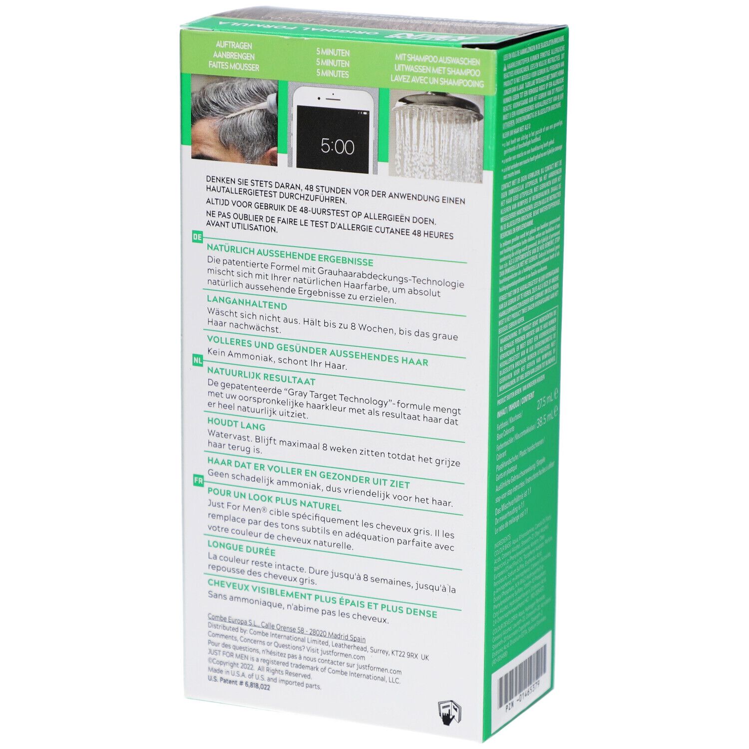 Dos de la boîte verte. Texte en plusieurs langues. Images de cheveux et d'un smartphone. Texte: Test de 48 heures.