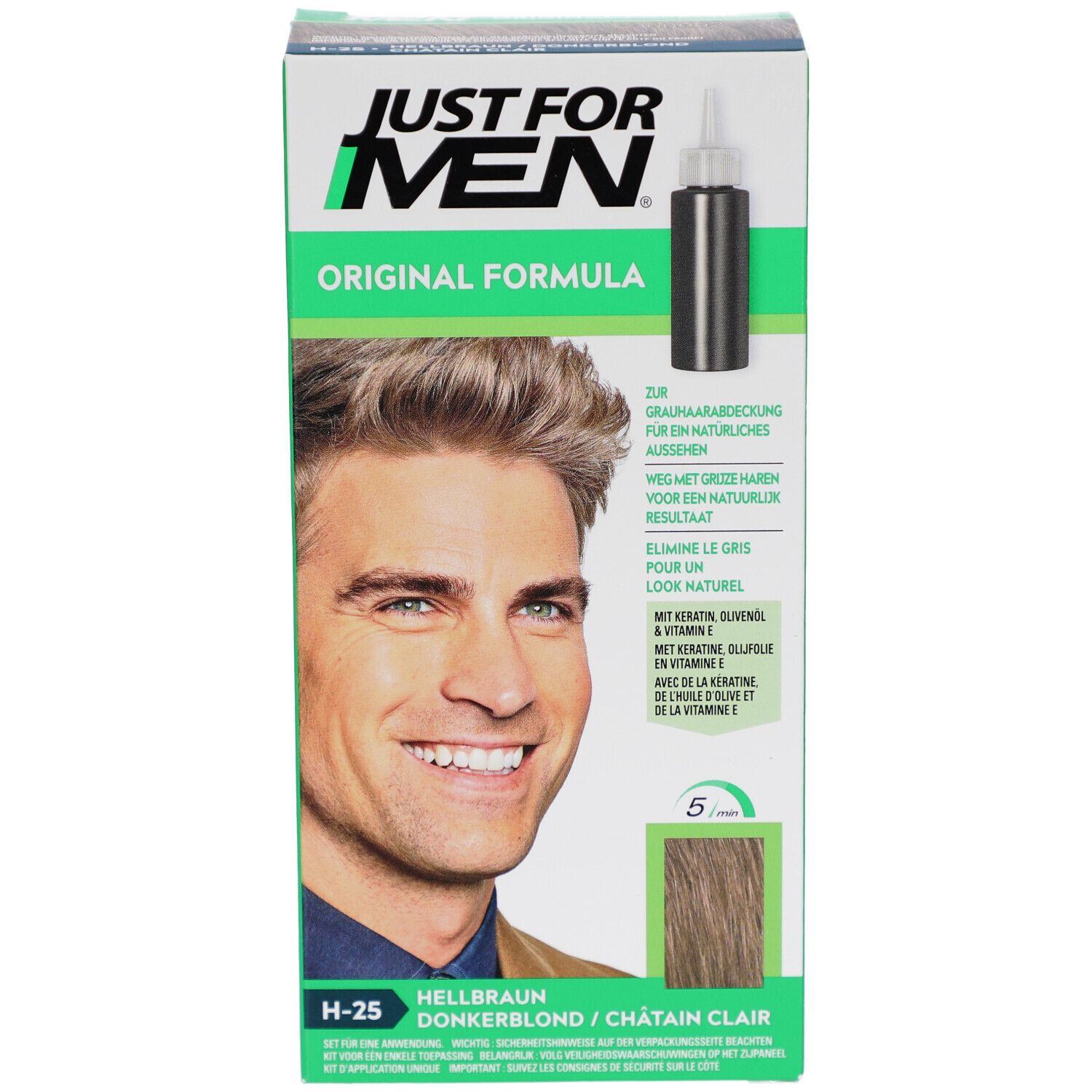 Boîte Just For Men, Original Formula. Inscription H-25 Hellbraun/Châtain Clair. Image d'un homme aux cheveux colorés.