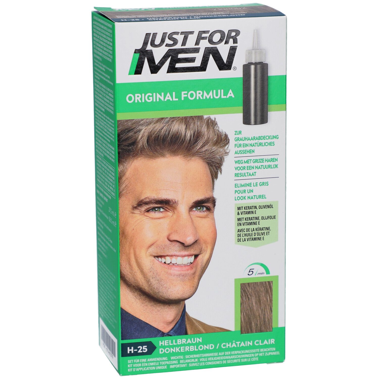 Boîte Just For Men, Original Formula. Inscription H-25 Hellbraun/Châtain Clair. Image d'un homme aux cheveux colorés.