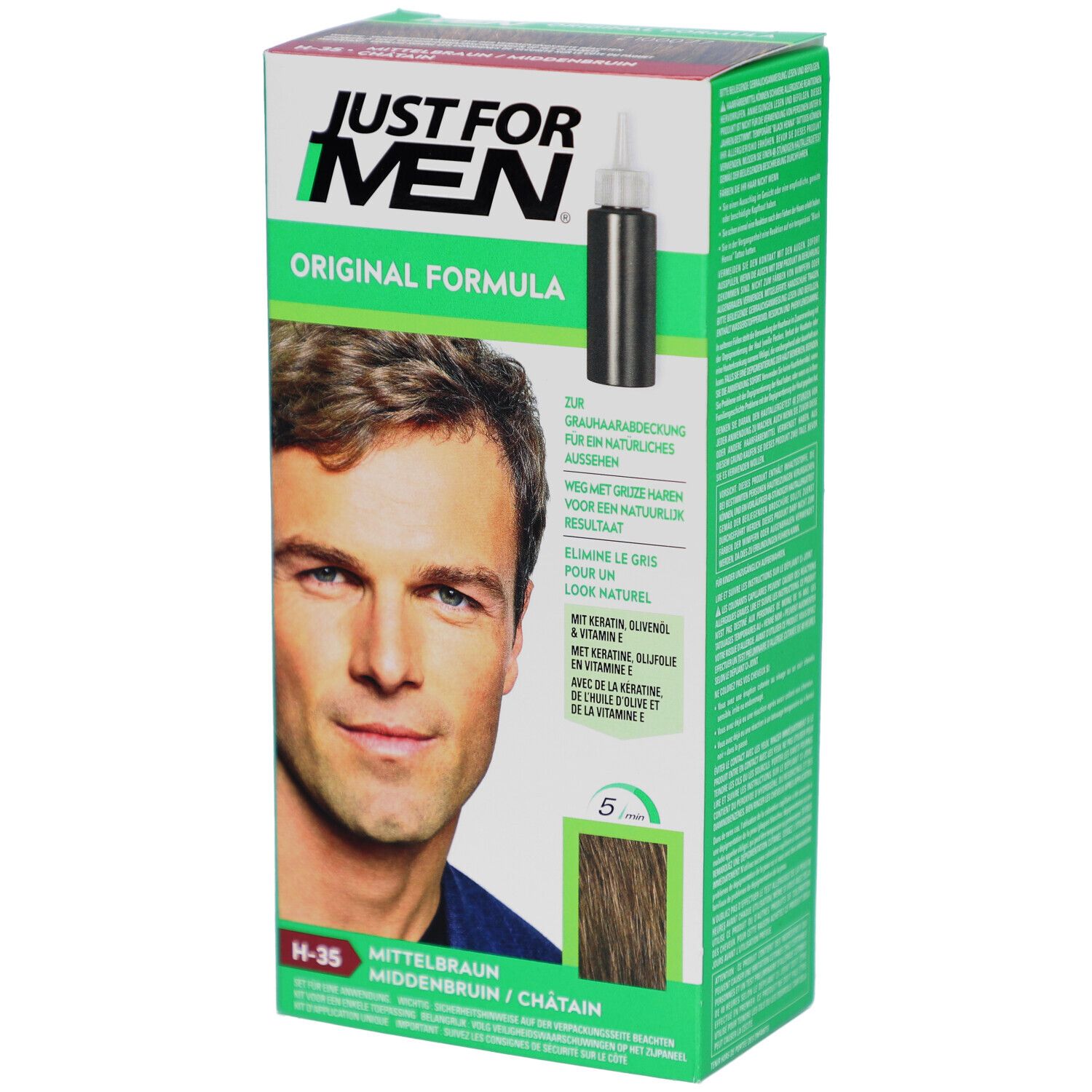 Boîte de coloration capillaire Just For Men. Avant avec homme, nom du produit, nuance H-35 Châtain.