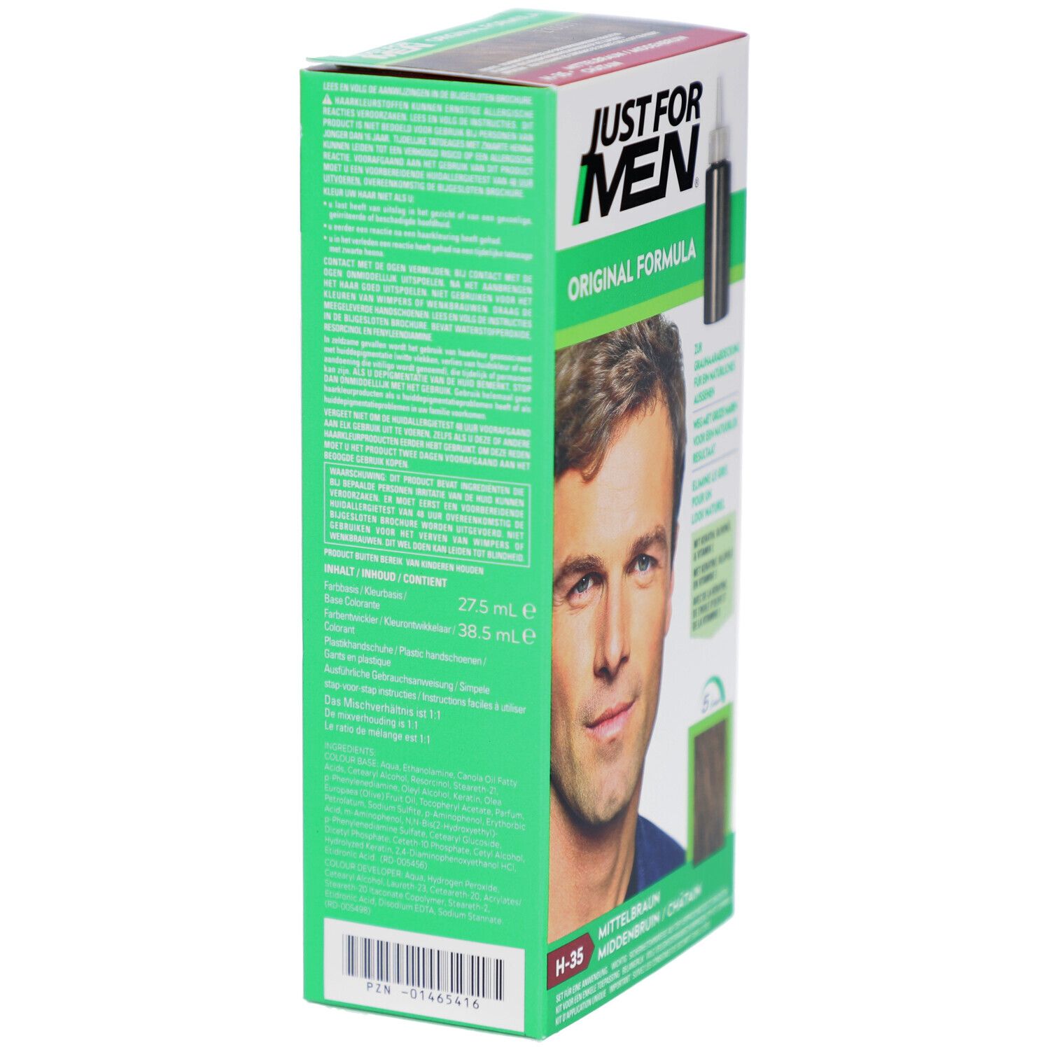 Dos de la boîte de coloration capillaire Just For Men. Texte, nom du produit, ingrédients et nuance H-35.